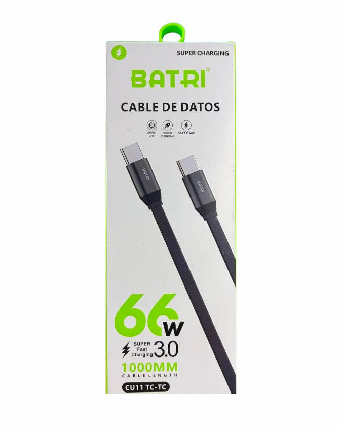 Cable Cargador Doble Tipo C | 66w | Super Carga Rapida | Cable Plano Resistente | 1 metro | Color Blanco | Batri CU11