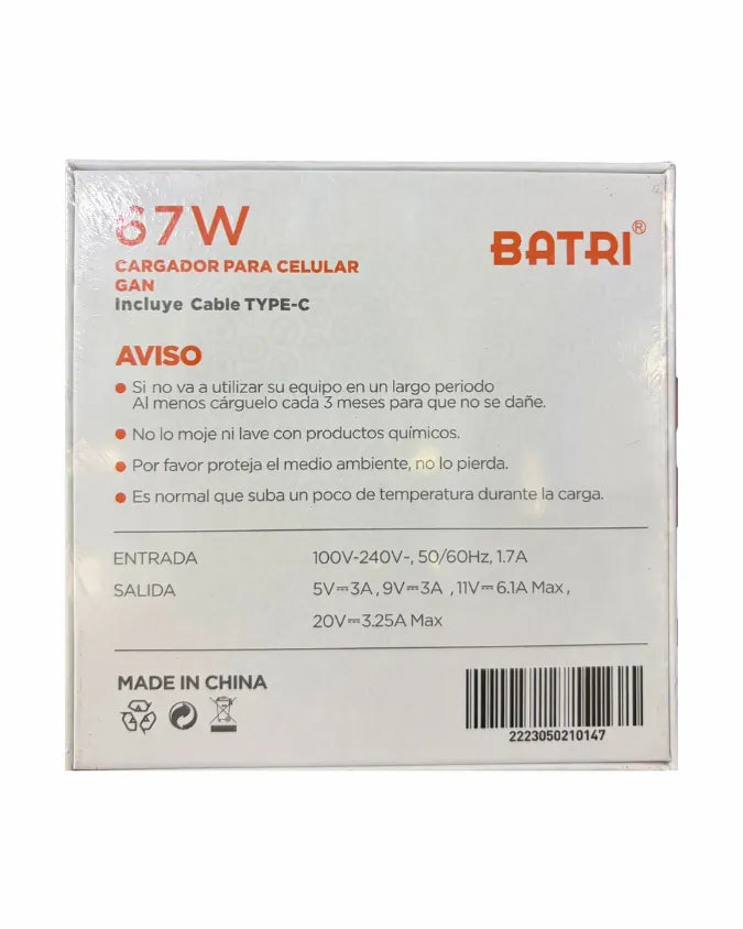 Cargador 67w Completo | Adaptador + Cable Tipo C | Carga Super Rapida | Batri EK04