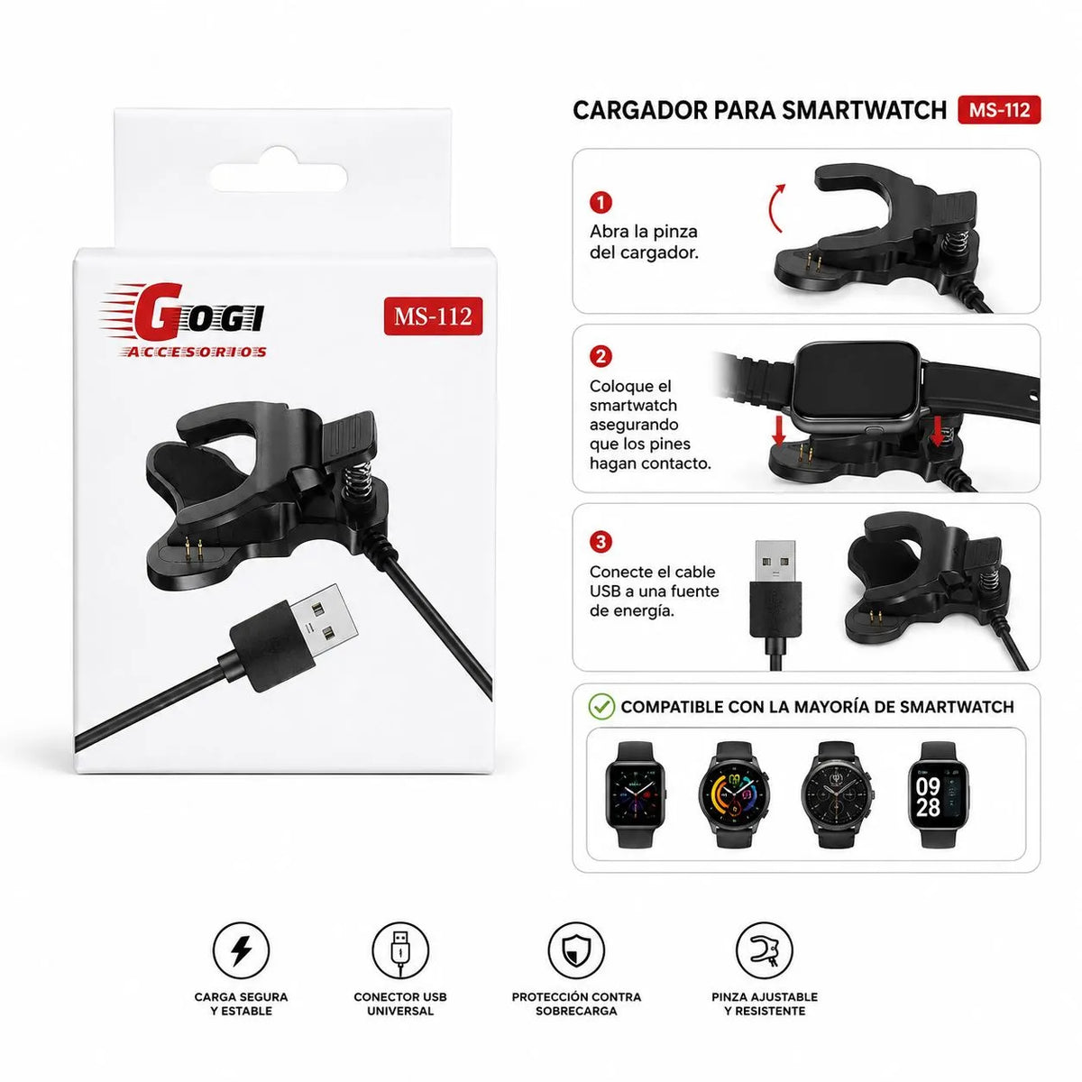Cargador Smartwatch De Pinza | Applewatch | Gogi Ms 112