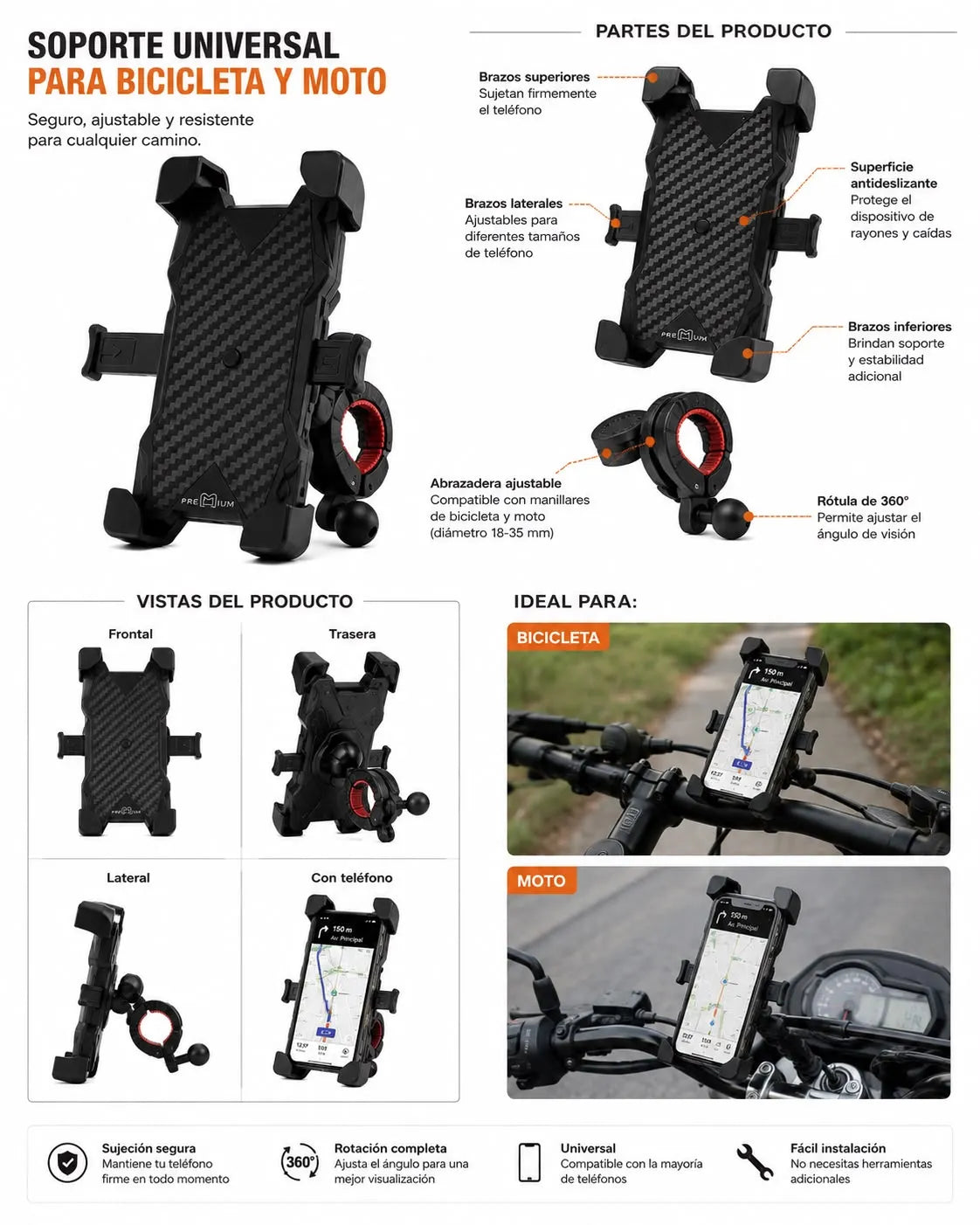 Soporte Porta Celular | Para Bicicleta o Moto | Holder Ajustable Y Muy Resistente | Premium PR 706
