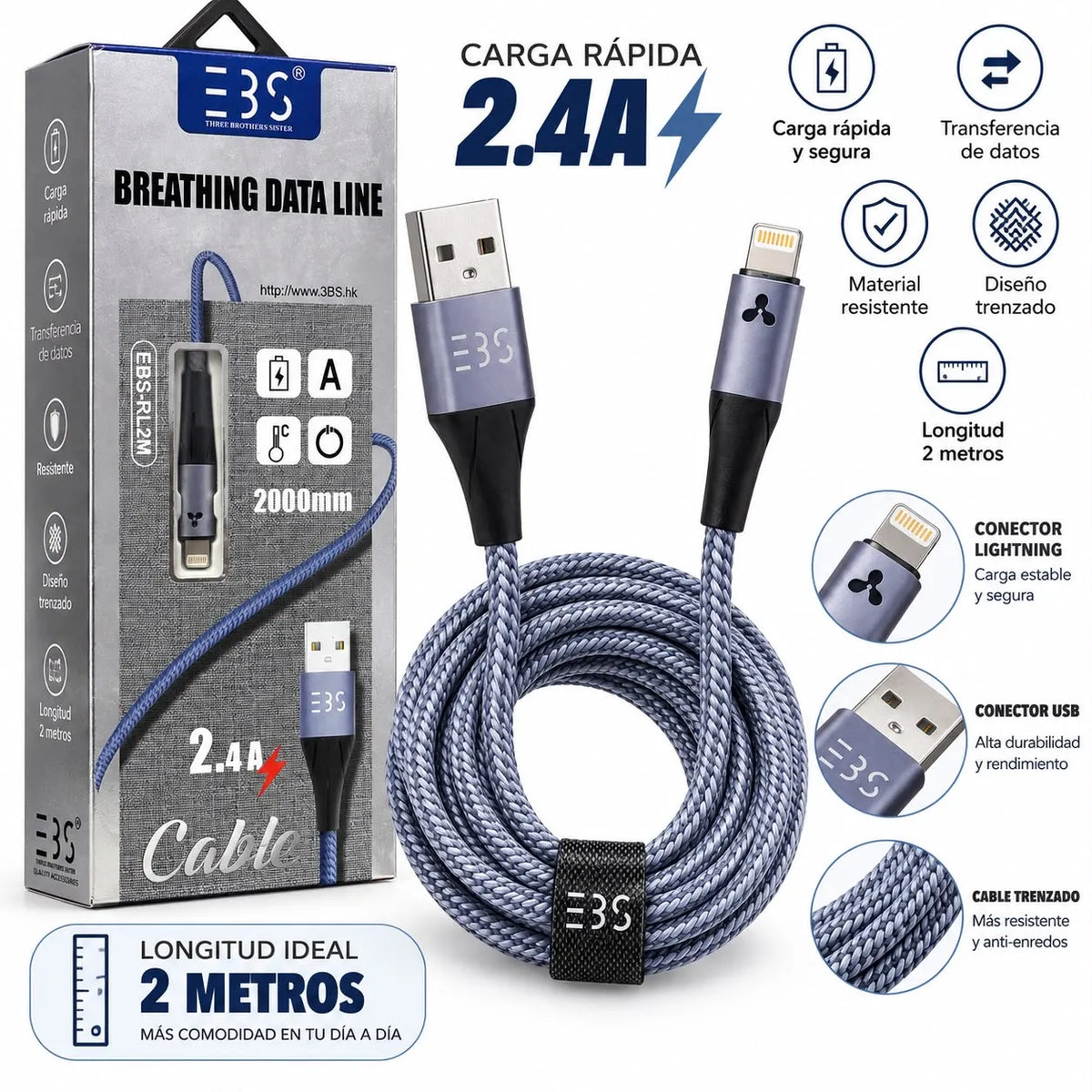 Cable Iphone | Usb a Lightning | 2 Metros | Cable Cargador Extra Resistente Trenzado | 2.4A | Incluye Organizador para Guardar | EBS-RLM2