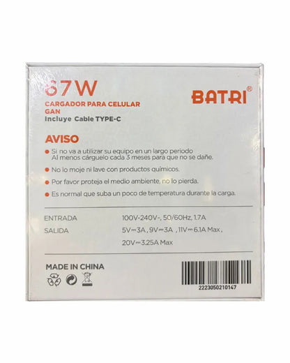 Cargador 67w Completo | Adaptador + Cable Tipo C | Carga Super Rapida | Batri EK04