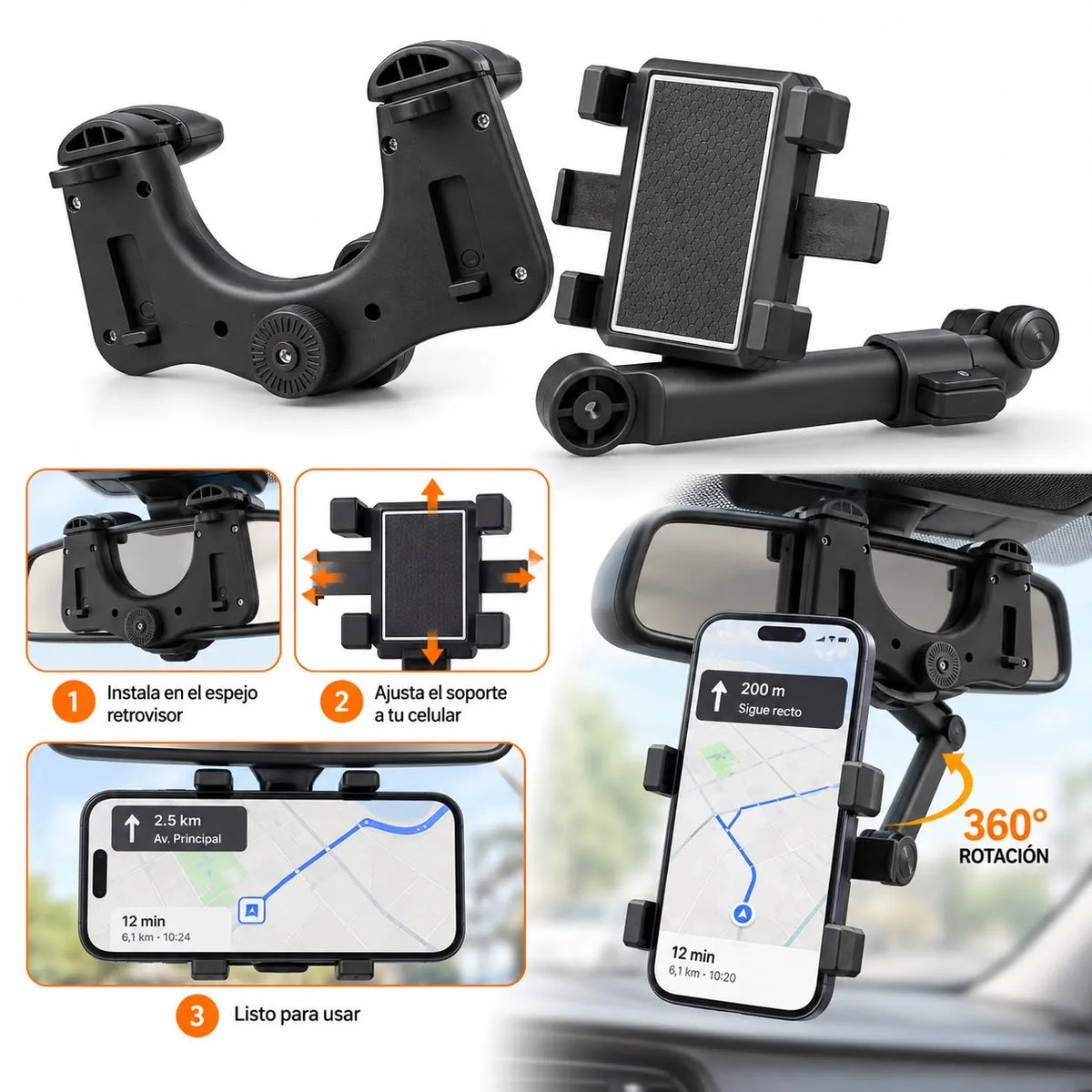 Soporte Porta Celular en Retrovisor 360° Para Vehiculo | Holder Ajustable Y Muy Resistente | PR 703