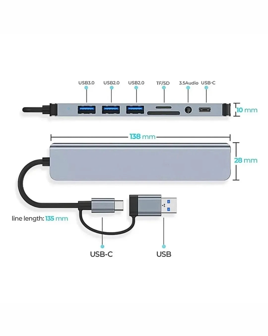 Multipuerto 8 en 1 | Adaptador Hub | Tipo C, USB, SD, TF y Audio | 3.0 A | Carga Rapida | Model HTCU8