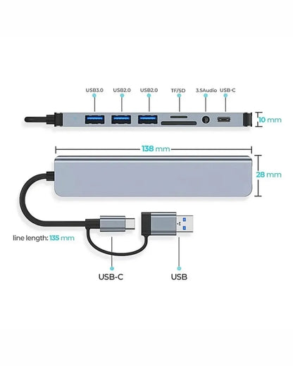 Multipuerto 8 en 1 | Adaptador Hub | Tipo C, USB, SD, TF y Audio | 3.0 A | Carga Rapida | Model HTCU8