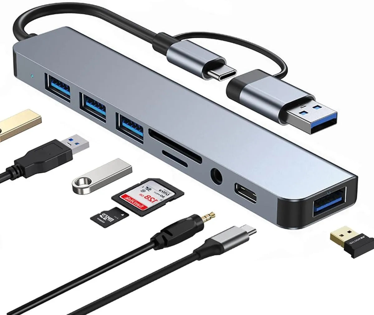 Multipuerto 8 en 1 | Adaptador Hub | Tipo C, USB, SD, TF y Audio | 3.0 A | Carga Rapida | Model HTCU8