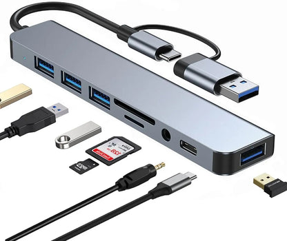 Multipuerto 8 en 1 | Adaptador Hub | Tipo C, USB, SD, TF y Audio | 3.0 A | Carga Rapida | Model HTCU8