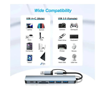Multipuerto 8 en 1 | Adaptador Hub | Tipo C, USB, SD, TF y Audio | 3.0 A | Carga Rapida | Model HTCU8