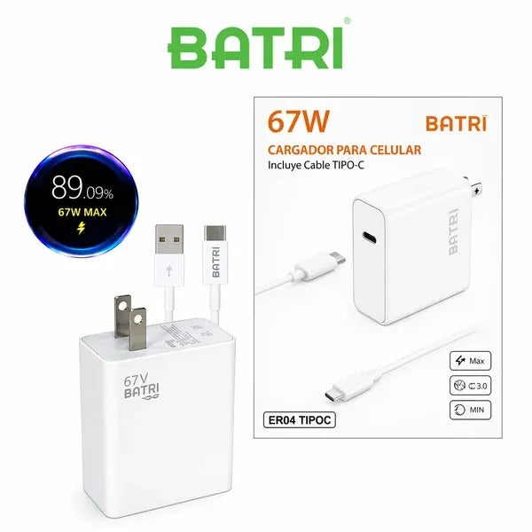 Cargador 67W | Carga Super Rapida | Adaptador + Cable Tipo C | Batri EK04