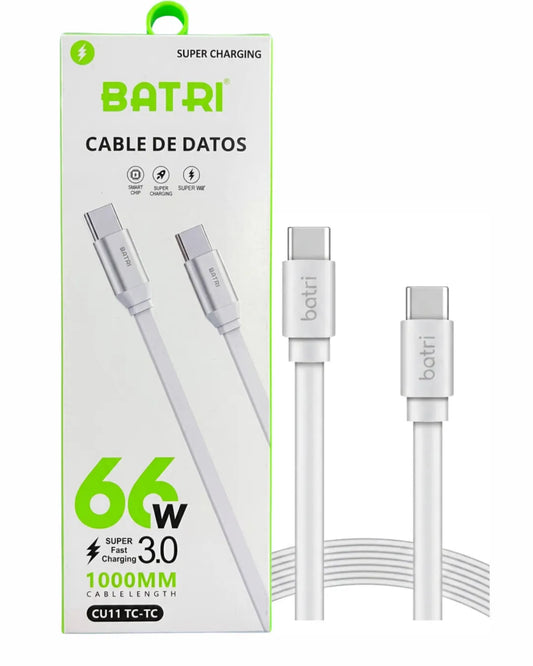 Cable Cargador Doble Tipo C | 66w | Super Carga Rapida | Cable Plano Resistente | 1 metro | Color Blanco | Batri CU11