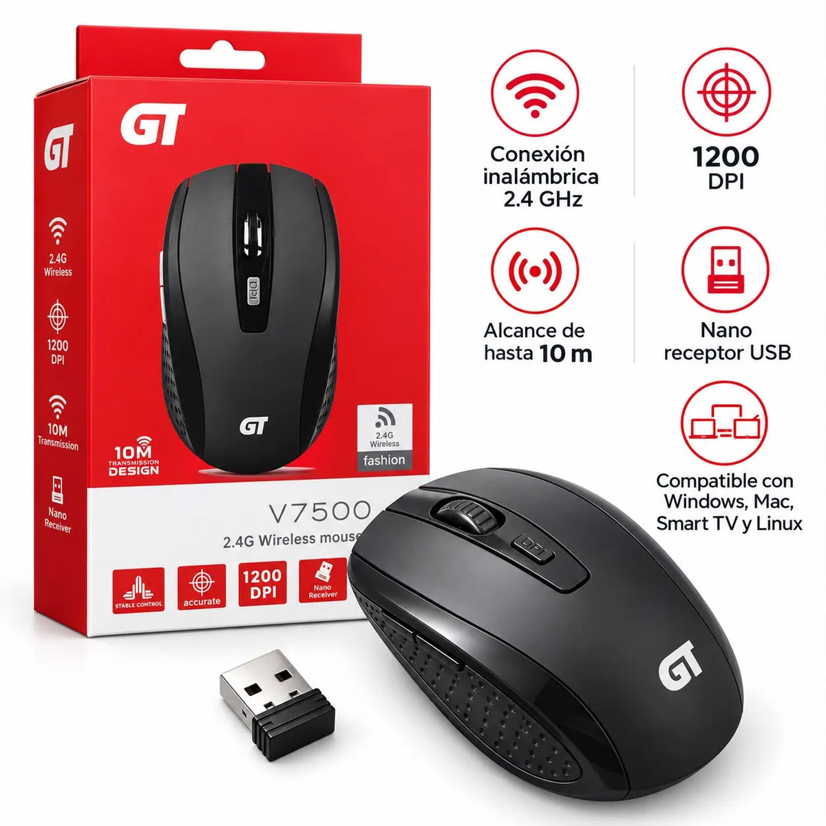 Mouse Inalambrico | 1200 Dpi | baterias Aaa No Incluidas | 10m De Alcance | GT V7500