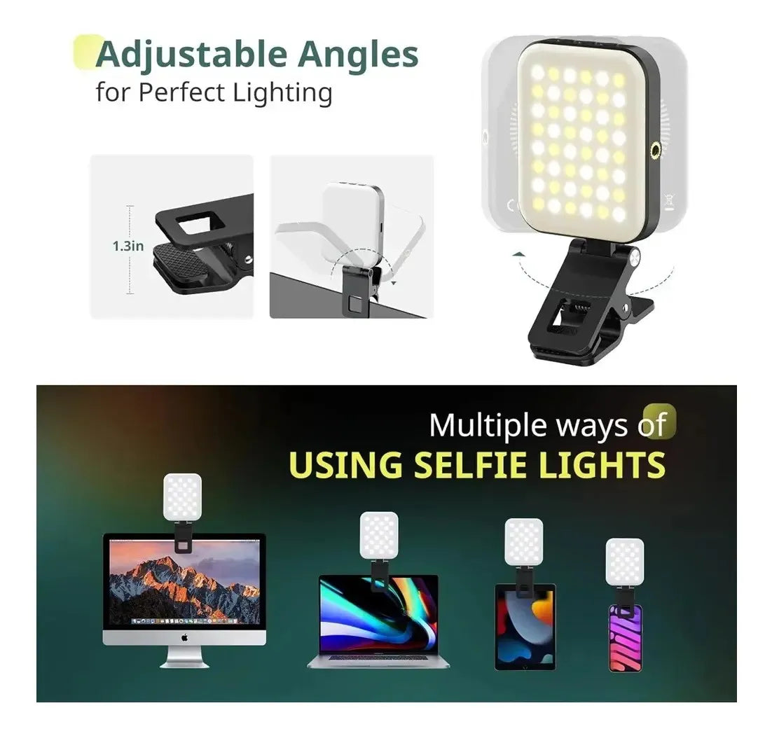 Luz Led Selfie Portatil Magnetica | Recargable | Temperatura de Color Ajustable | Con Pinza Para Encaganchar |  Panel de Luz | W80