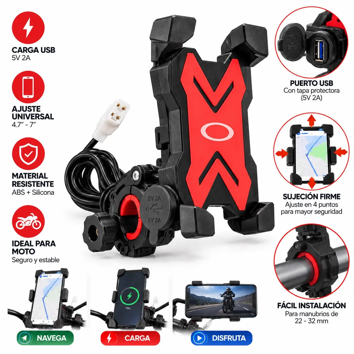 Soporte Porta Celular con Cargador Para Moto | Entrada USB con Tapa Protectora | Holder Ajustable Y Muy Resistente | NH-MOT/05