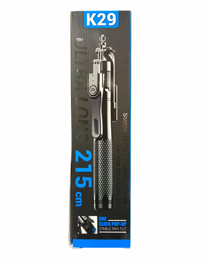 Tripode y Selfie | Ultralargo 2,15 metros | Cabezal con giro de 360° horizontal y hasta 180°/240° vertical | Resistente y Recargable | Incluye Mini Control para Tomar Foto y Cable de Carga | Ref K29