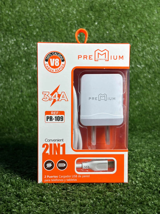 Cargador V8 | 2 Puertos USB | Premium | 3.4 Amperios | Cargador Completo | Cable + Adaptador
