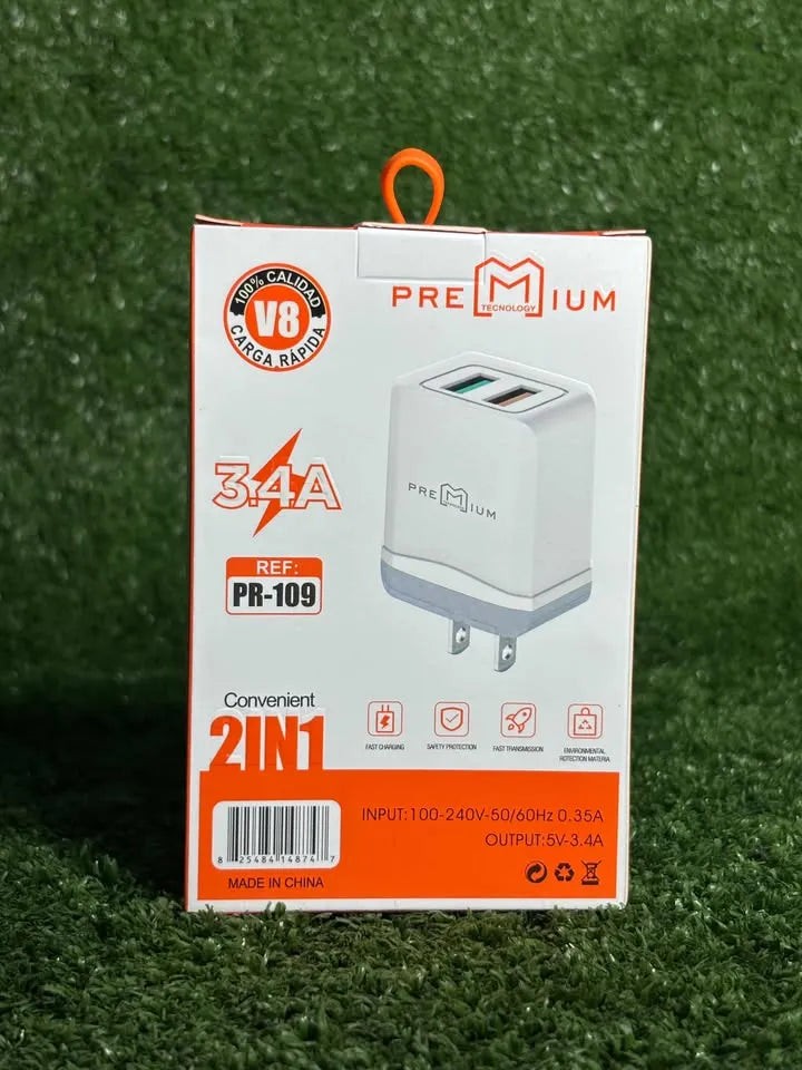 Cargador V8 | 2 Puertos USB | Premium | 3.4 Amperios | Cargador Completo | Cable + Adaptador