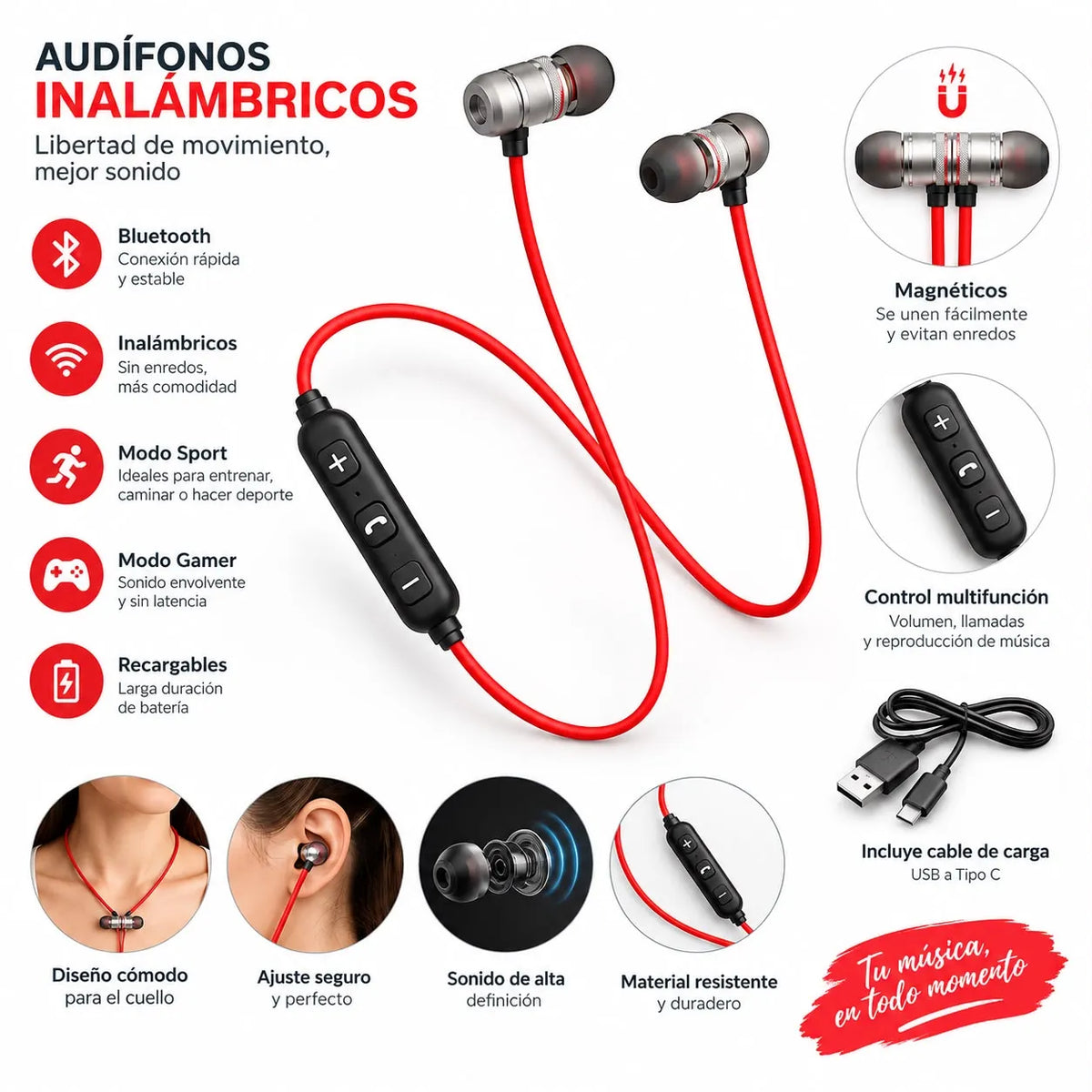 Audifonos Deportivos | Inalambricos Neckband | Bluetooh | Magneticos con Microfono | Cable Plano Rojo |Incluye Cable para Recargar | Premium Pt 512