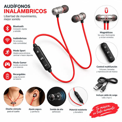 Audifonos Deportivos | Inalambricos Neckband | Bluetooh | Magneticos con Microfono | Cable Plano Rojo |Incluye Cable para Recargar | Premium Pt 512
