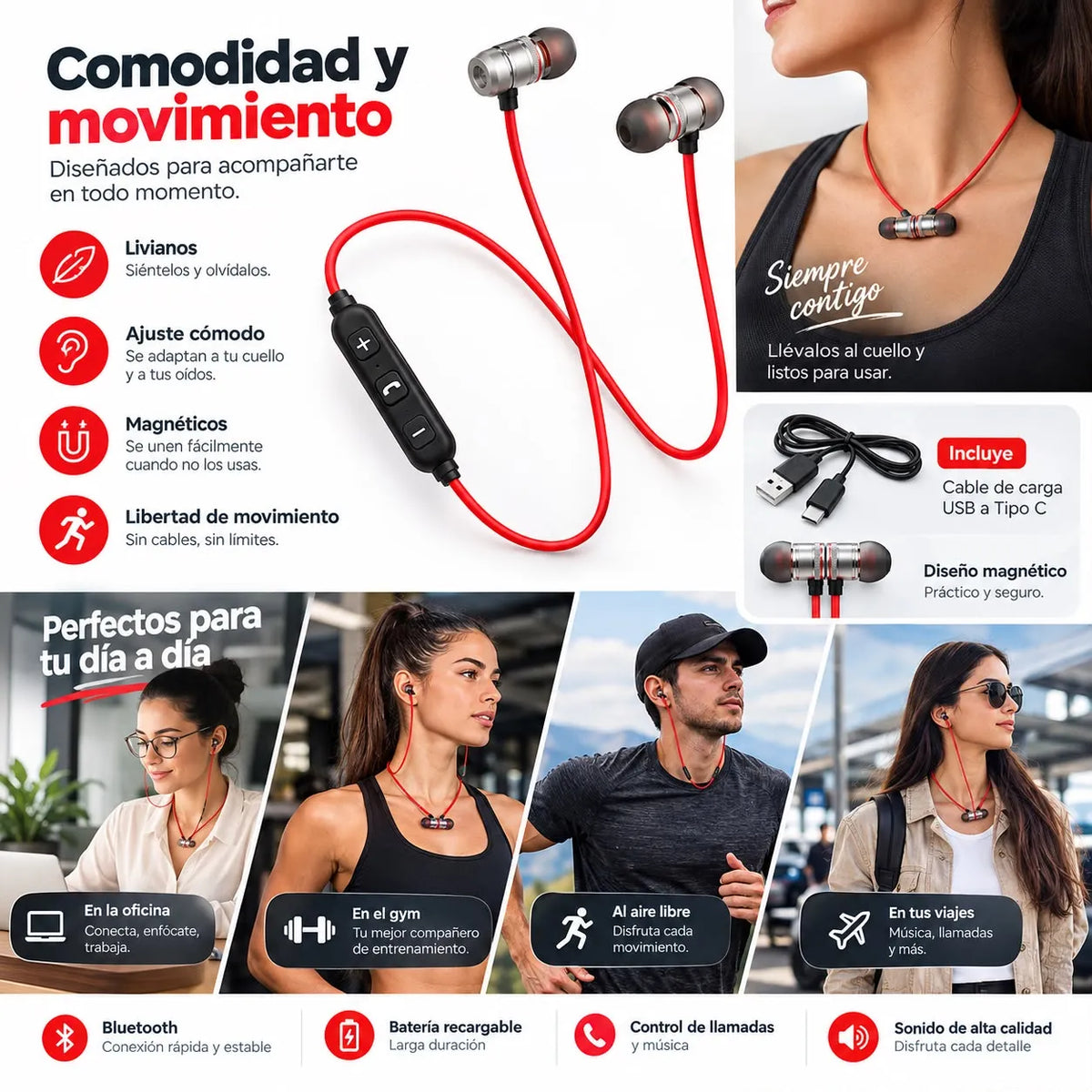 Audifonos Deportivos | Inalambricos Neckband | Bluetooh | Magneticos con Microfono | Cable Plano Rojo |Incluye Cable para Recargar | Premium Pt 512