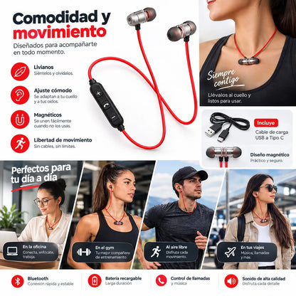 Audifonos Deportivos | Inalambricos Neckband | Bluetooh | Magneticos con Microfono | Cable Plano Rojo |Incluye Cable para Recargar | Premium Pt 512