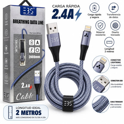 Cable Iphone | Usb a Lightning | 2 Metros | Cable Cargador Extra Resistente Trenzado | 2.4A | Incluye Organizador para Guardar | EBS-RLM2