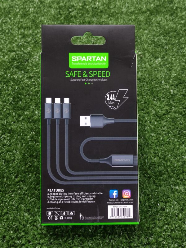 Cable Cargador 3 En 1 | Tipo C | V8 | Iphone | 3.4A | Pulpo | Spartan | Usb Data Cable - Imagen 2