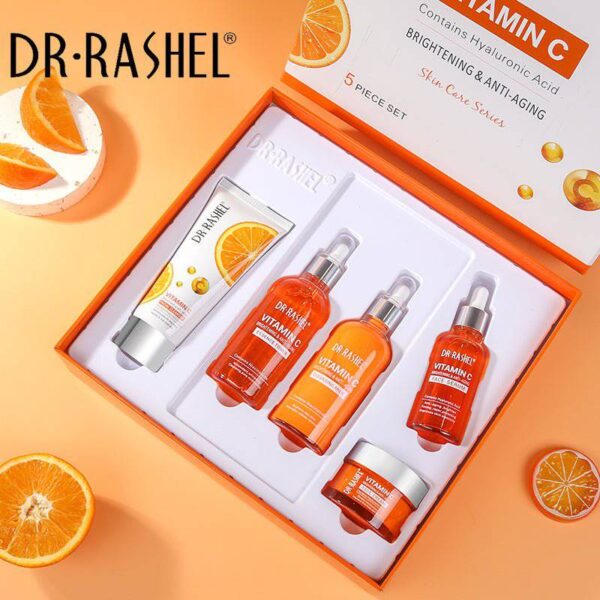 Dr Rashel Set de Cuidado de la Piel con Vitamina C, contiene Acido Hialurónico, Antienvejecimiento y Esencia de Colágeno (paquete de 5 piezas).